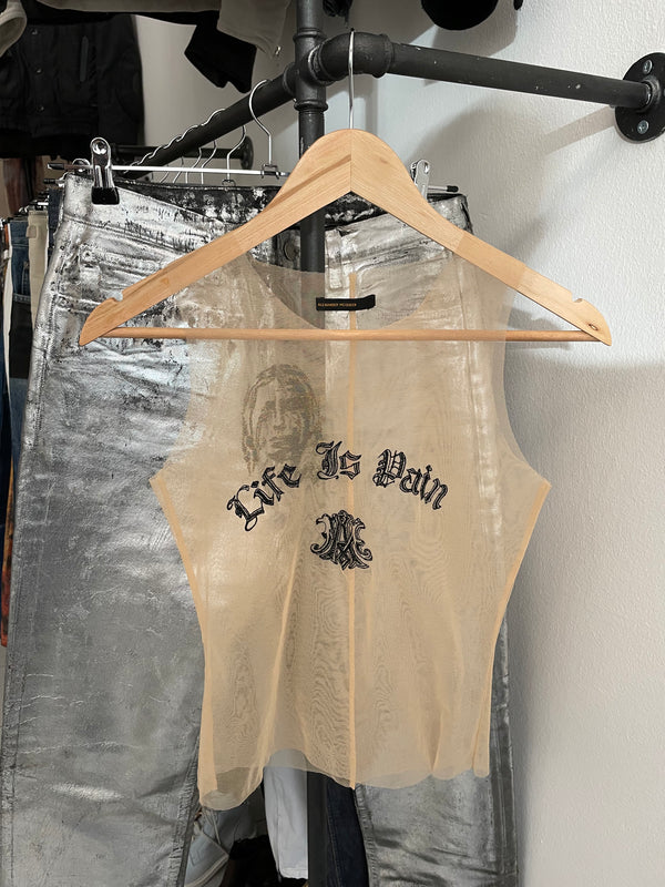 AW1996 Alexander McQueen "life is pain" sheer tank top
