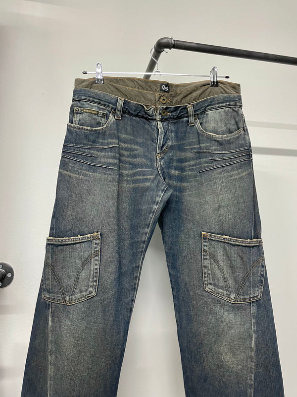 2000s Dolce & Gabbana double waisted asymmetrical cargo denim
