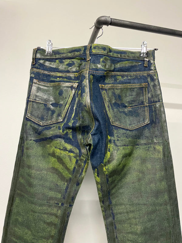 AW2003 Dior Homme unaltered green waxed blue jeans