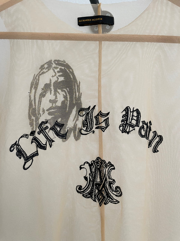 AW1996 Alexander McQueen "life is pain" sheer tank top
