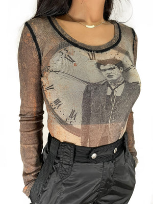 AW2003 Jean Paul Gaultier “clock woman” mesh long sleeve shirt