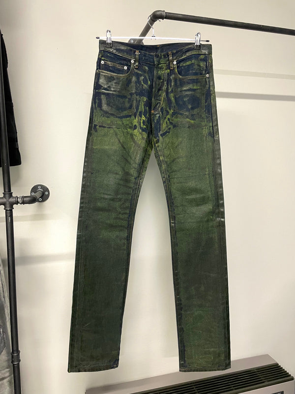 AW2003 Dior Homme unaltered green waxed blue jeans