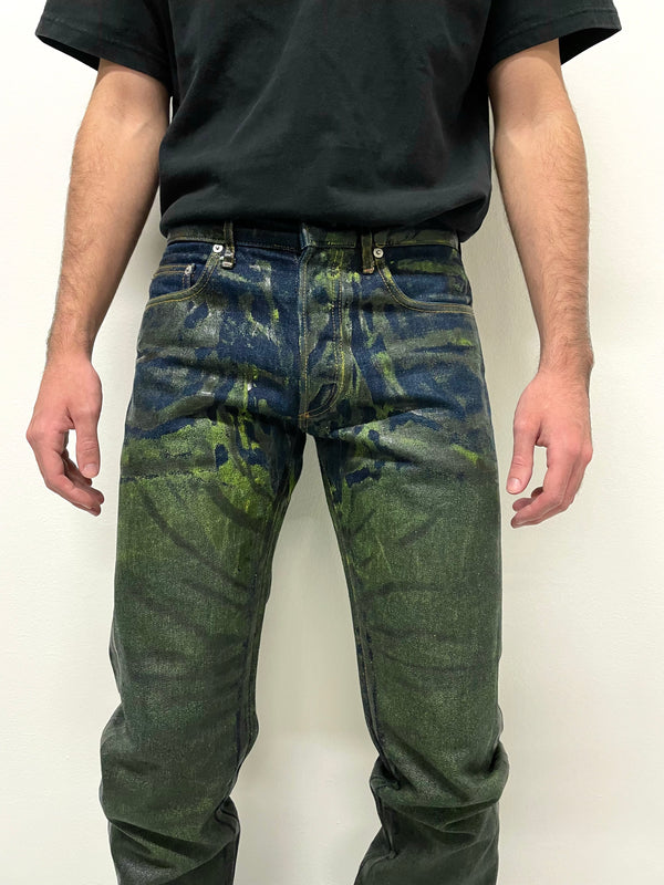 AW2003 Dior Homme unaltered green waxed blue jeans
