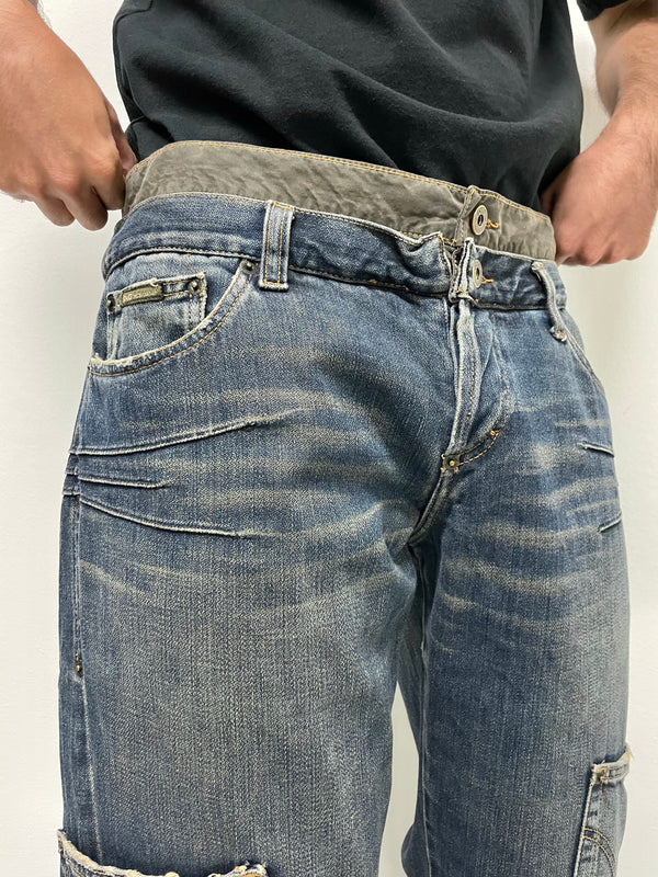 2000s Dolce & Gabbana double waisted asymmetrical cargo denim