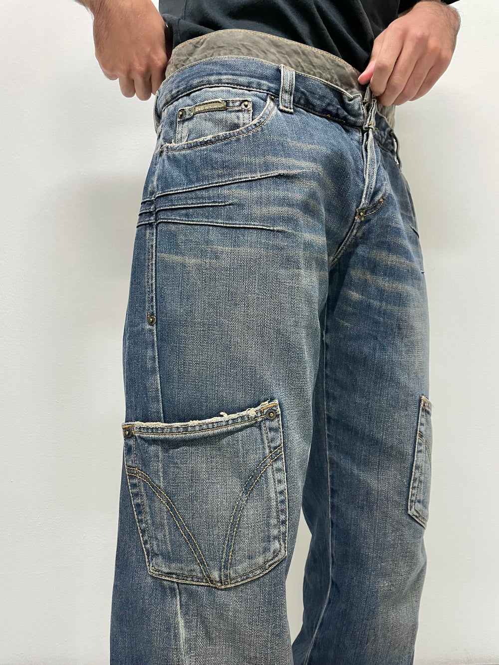 2000s Dolce & Gabbana double waisted asymmetrical cargo denim