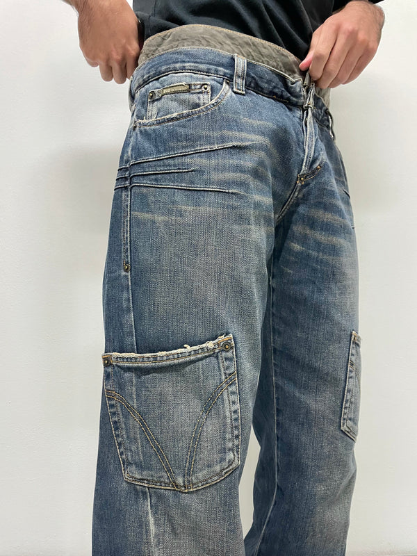 2000s Dolce & Gabbana double waisted asymmetrical cargo denim