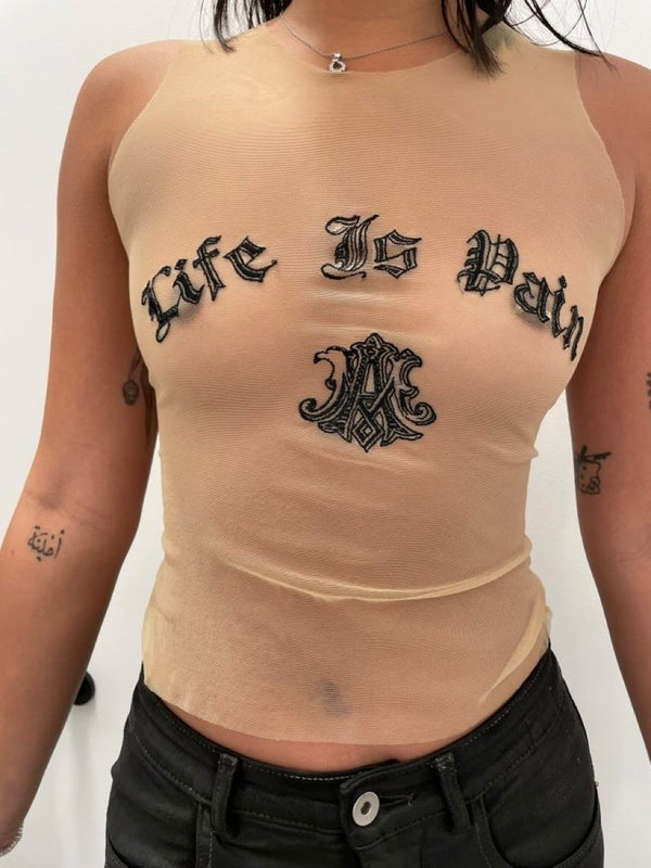 AW1996 Alexander McQueen "life is pain" sheer tank top