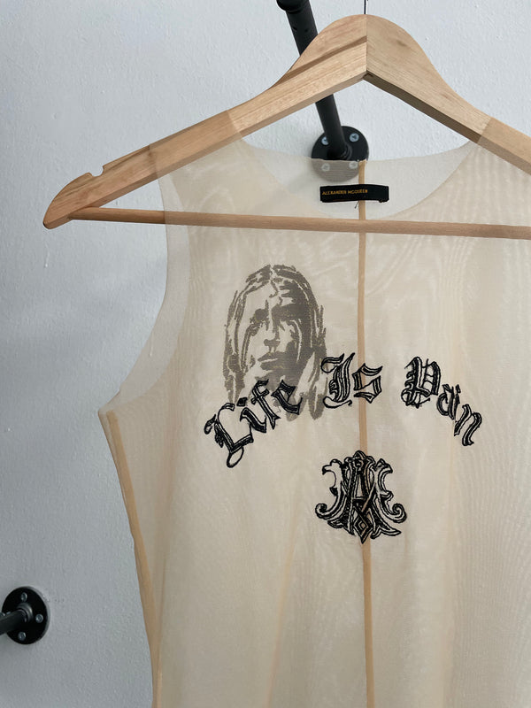 AW1996 Alexander McQueen "life is pain" sheer tank top