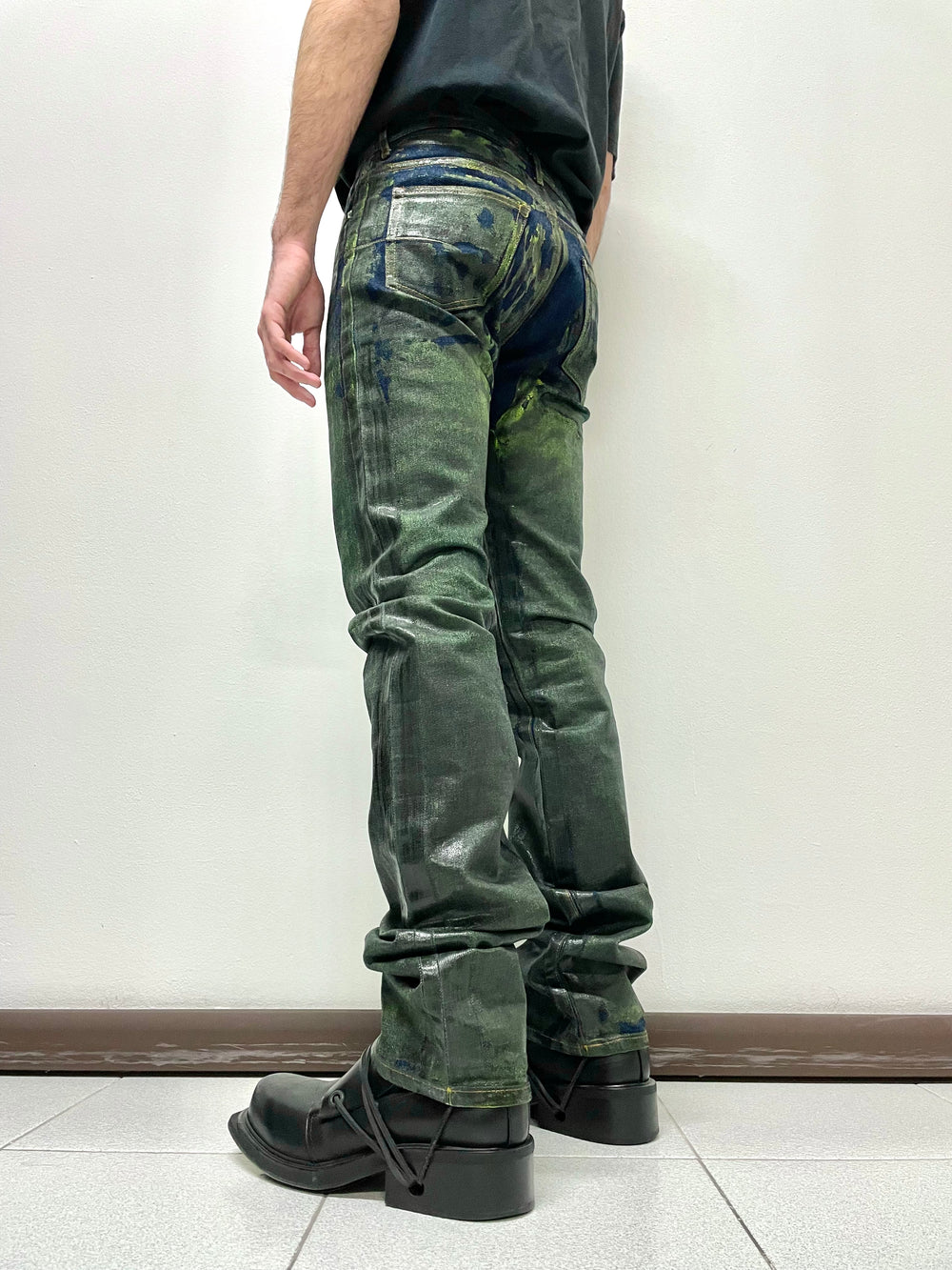 AW2003 Dior Homme unaltered green waxed blue jeans