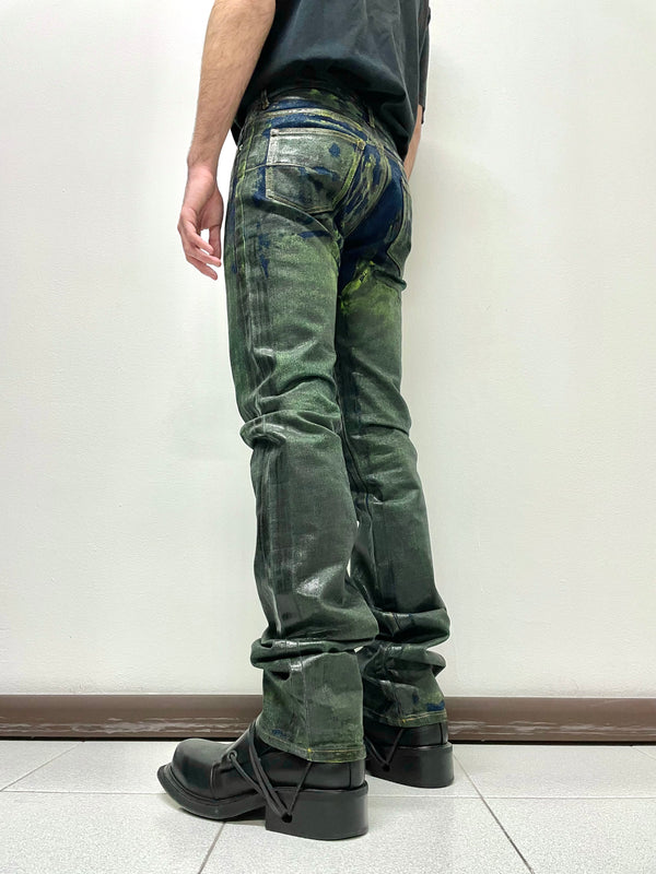 AW2003 Dior Homme unaltered green waxed blue jeans