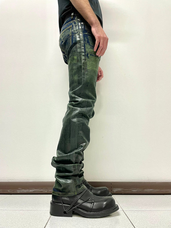 AW2003 Dior Homme unaltered green waxed blue jeans